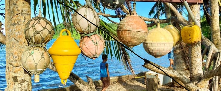 Stranded buoys on a beach hanging up on a tree.