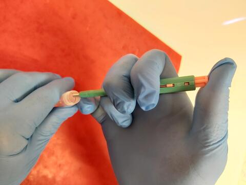 Gloved hands using a biopsy punch tool in the lab