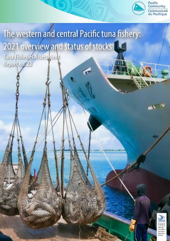 Cover of the TFAR report, showing a fishing vessel and fishing nets full of tuna. 